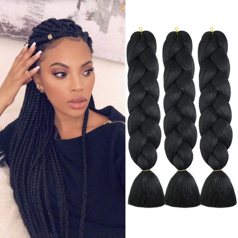 wome Black Jumbo Braiding Hair Extensions 24 Inch Crochet Braiding Hair 3 Packs Twist Crochet Braids Hair Extension for Women High Temperature Synthetic Hair Boxes Braids (Black 1b#,24",100g/Pcs) - Image 1